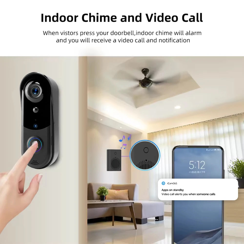 FREE Cloud Storage 1080P 2.4Ghz Wifi Wireless 5000Mah Battery Smart Video Doorbell IP65 Outdoor Door Security with USB Chime