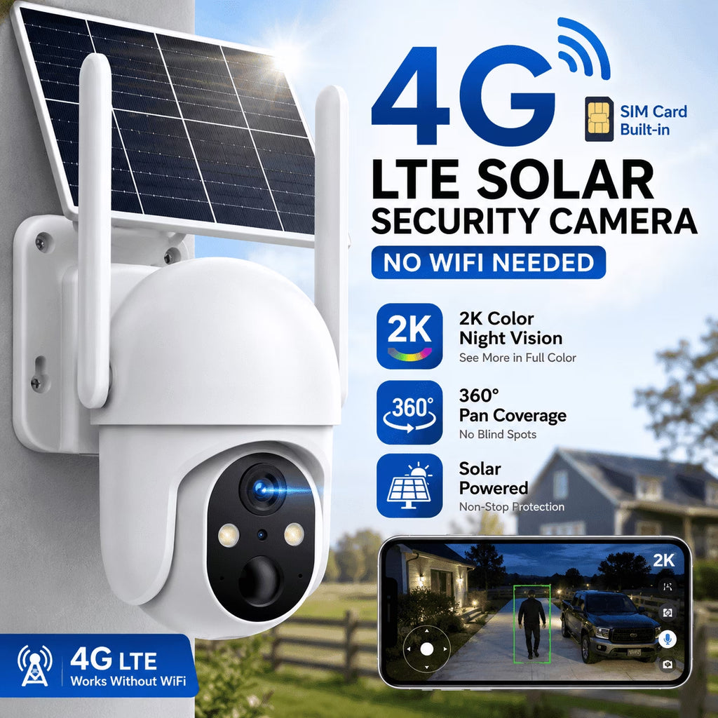 4G LTE Cellular Solar Security Camera Outdoor, 2K PTZ Wireless Security Camera with SIM Card, No Wifi Needed, AI Human Detection, Color Night Vision, 360° View