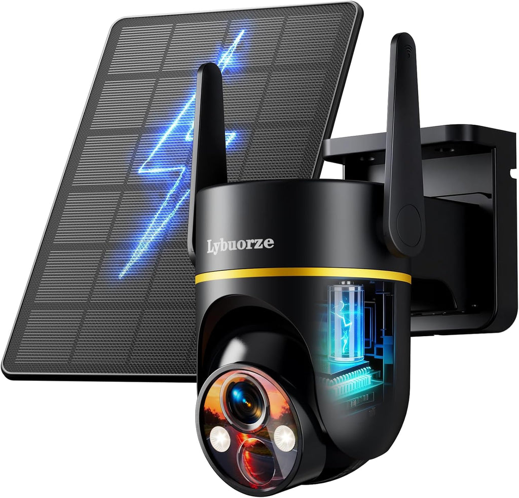 Lybuorz Solar Powered Outdoor Wireless Security Camera, 4MP HD PTZ Camera W/ Full Color Night Vision, 2.4/5Ghz Wifi, AI Motion Detection, Siren Alarm, 2-Way Audio, Work W/Alexa, Waterproof,4.92*4*4.52