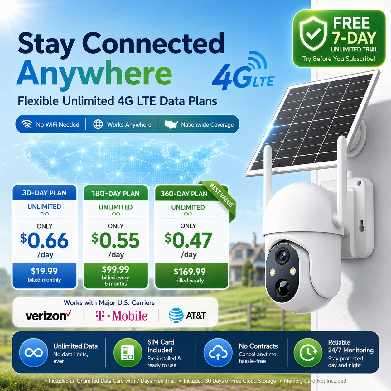 4G LTE Cellular Solar Security Camera Outdoor, 2K PTZ Wireless Security Camera with SIM Card, No Wifi Needed, AI Human Detection, Color Night Vision, 360° View