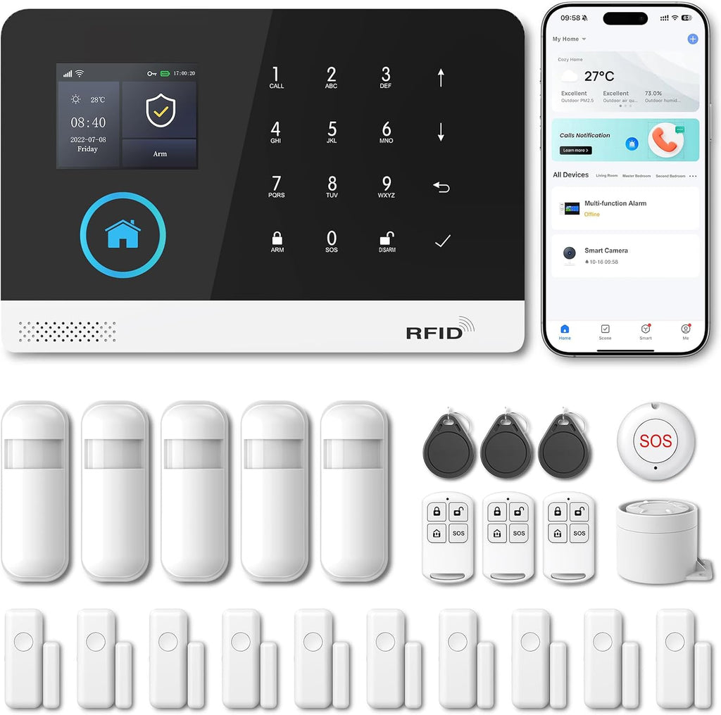 Home Security Systems for House, Wireless Home Security Alarm System, Door/Window Sensor Motion Sensors with App Alert, Wifi+Gsm 4G Home Alarm System No Subscription（103-F）