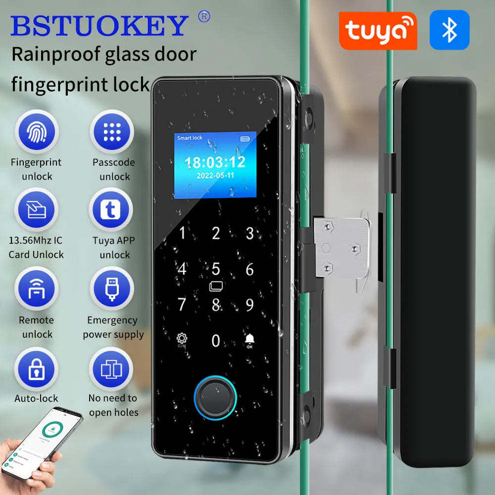 Tuya Smart Fingerprint Lock Bluetooth Smart Sliding Glass Door Biometric Electronic Digit Door Card Hook Lock App Remote Unlock
