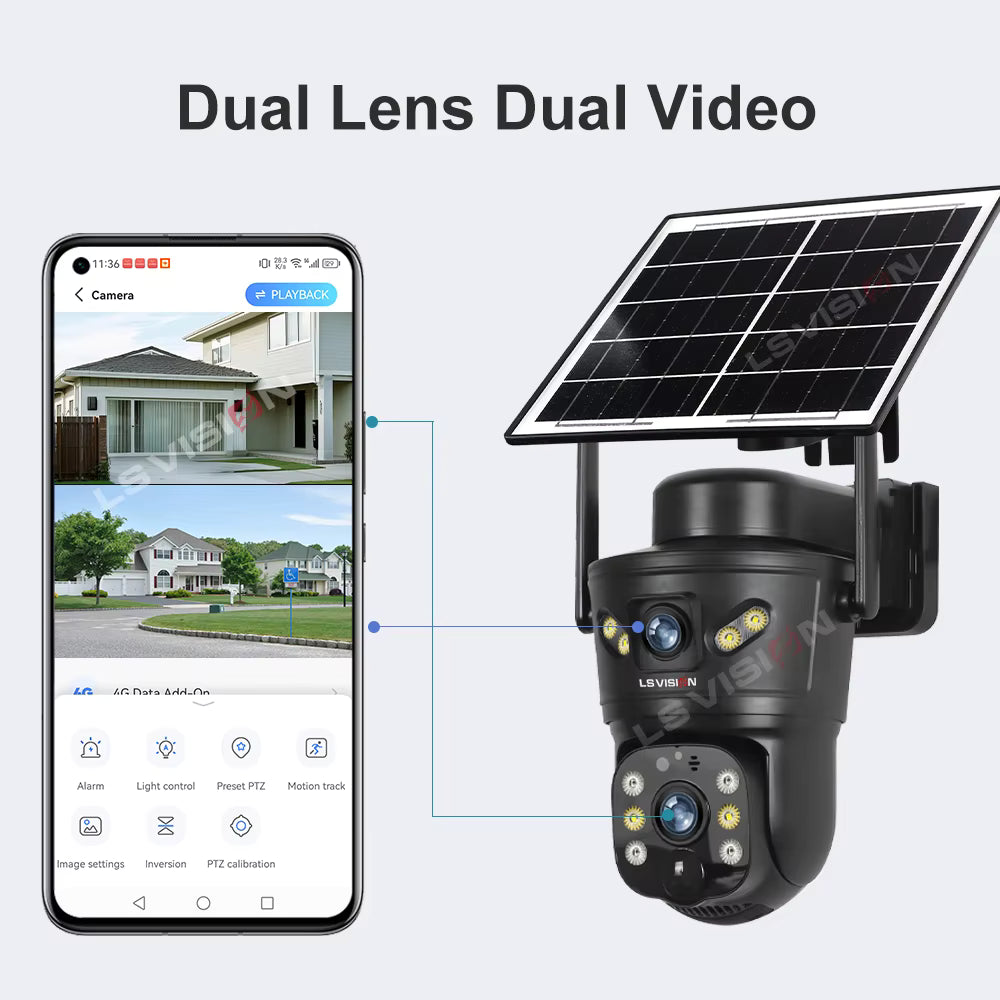 4G/WiFi Solar Security Camera 8MP – Dual Lens, PIR, Night Vision, IP65, Built-in Battery, Tuya App