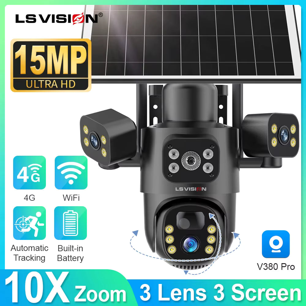 4K Solar Security Camera 15MP – Triple Lens, 4G/WiFi, PIR, Night Vision, IP65