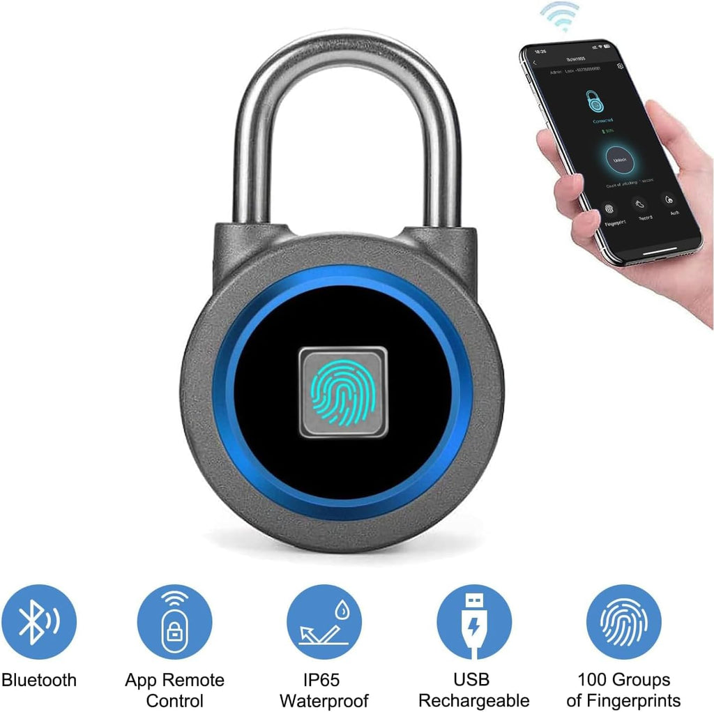 Fingerprint Padlock Gym Locker Lock, Smart Biometric Padlock Bluetooth Keyless Padlock, Rechargeable Waterproof Master Lock for Gym Locker, School Locker, Gate, Fence, Shed, Garage (Blue)
