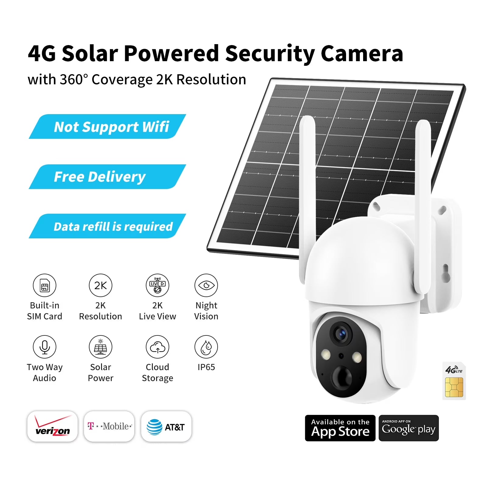 4G LTE Cellular Solar Security Camera Outdoor, 2K PTZ Wireless Security Camera with SIM Card, No Wifi Needed, AI Human Detection, Color Night Vision, 360° View
