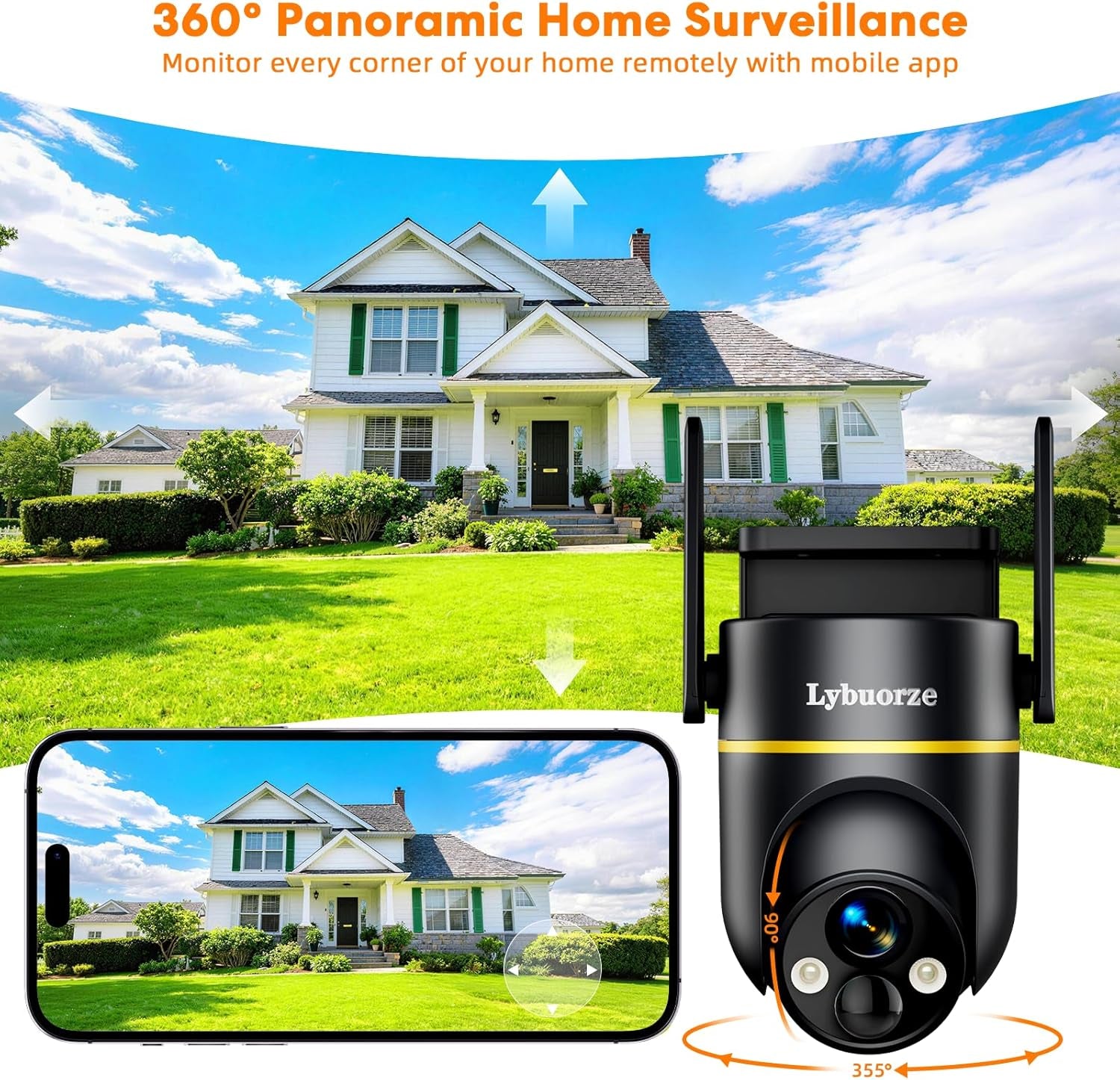 Lybuorz Solar Powered Outdoor Wireless Security Camera, 4MP HD PTZ Camera W/ Full Color Night Vision, 2.4/5Ghz Wifi, AI Motion Detection, Siren Alarm, 2-Way Audio, Work W/Alexa, Waterproof,4.92*4*4.52