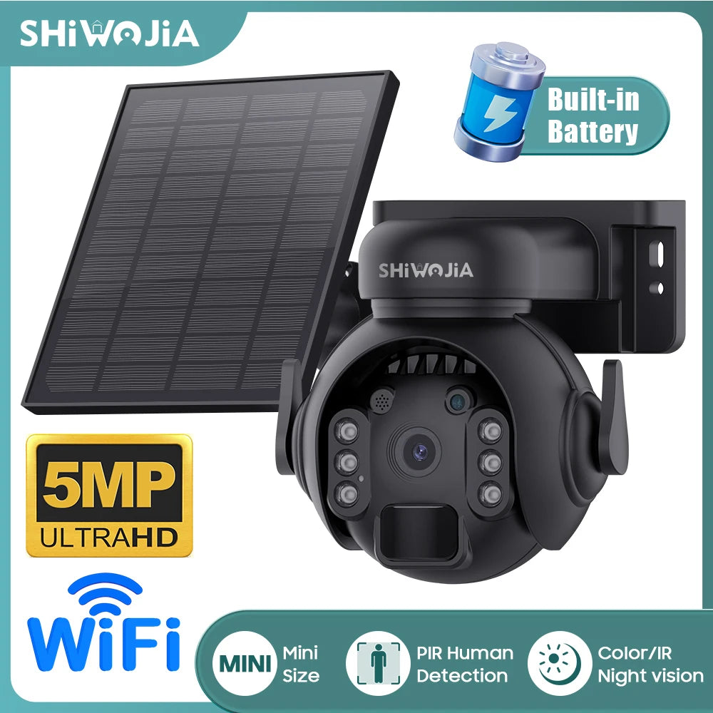 SHIWOJIA 5MP 4G SIM Solar Security Camera Outdoor 360° PTZ Wifi Wireless Surveillance Camera PIR Motion Detection Two-Way Audio