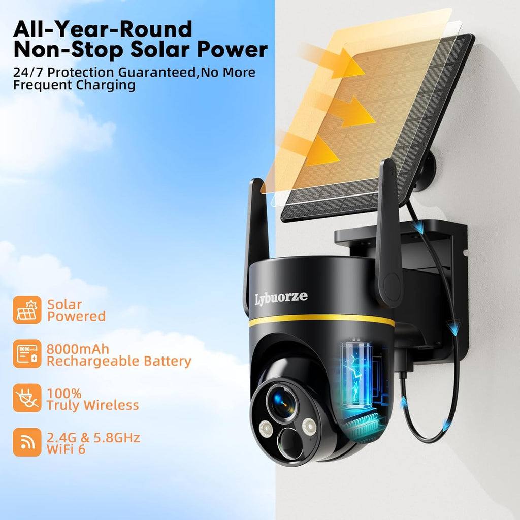 Lybuorz Solar Powered Outdoor Wireless Security Camera, 4MP HD PTZ Camera W/ Full Color Night Vision, 2.4/5Ghz Wifi, AI Motion Detection, Siren Alarm, 2-Way Audio, Work W/Alexa, Waterproof,4.92*4*4.52