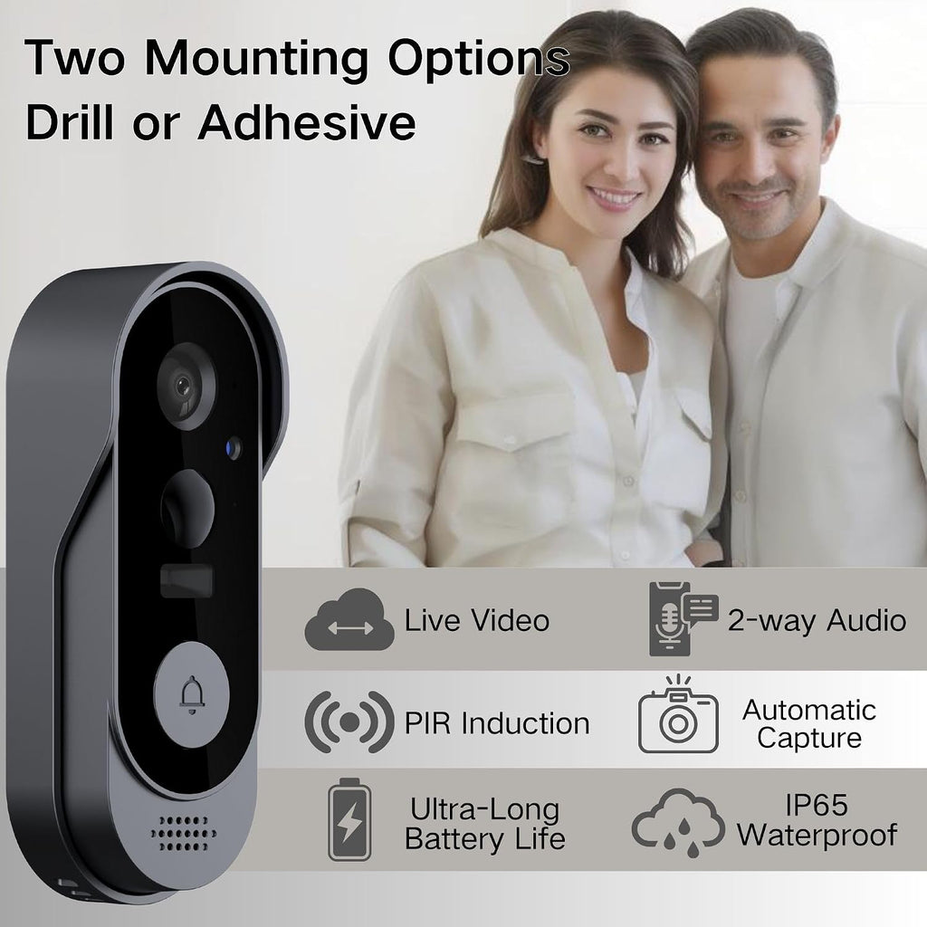 Video Doorbell with Camera and Chime, 2-Way Audio, Outdoor Security, Instant Alert, Human Detection, Battery Powered, Night Vision, Sd/Cloud Storage, No Subscription